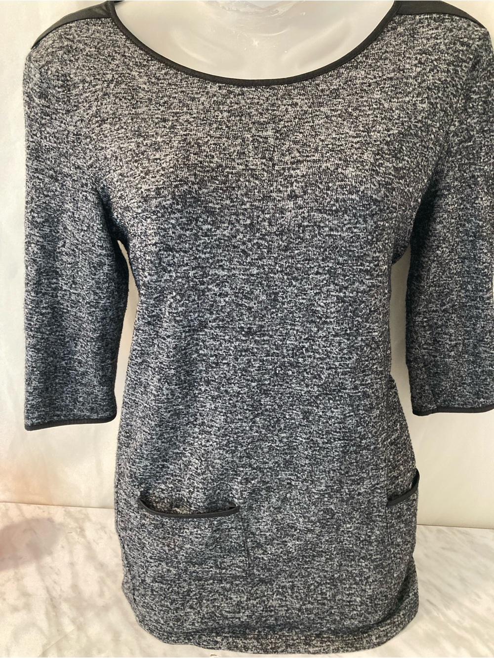 TWIK Simons Grey Marled Knit Tunic Top Faux Leather Trim XS